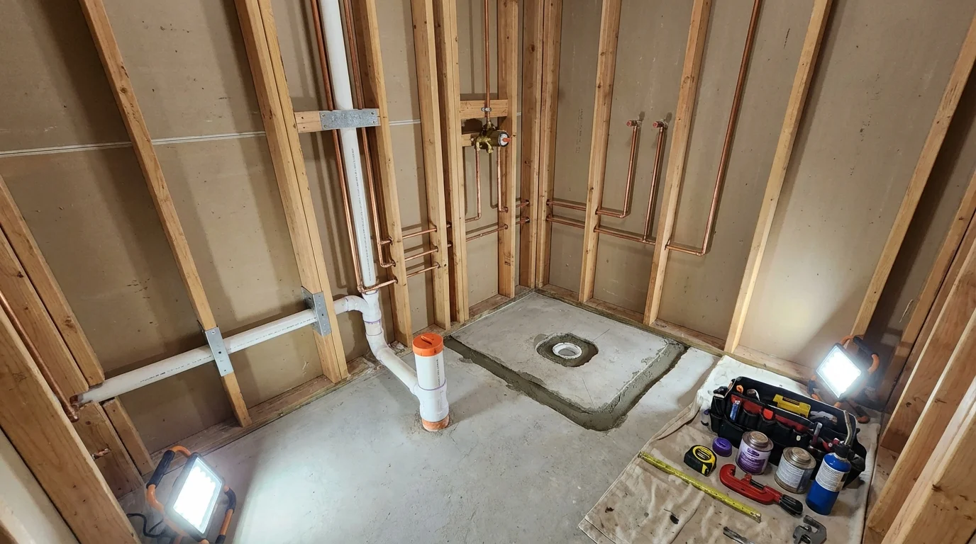 Bathroom rough-in plumbing during remodel by Johns Plumbing LLC in Fletcher