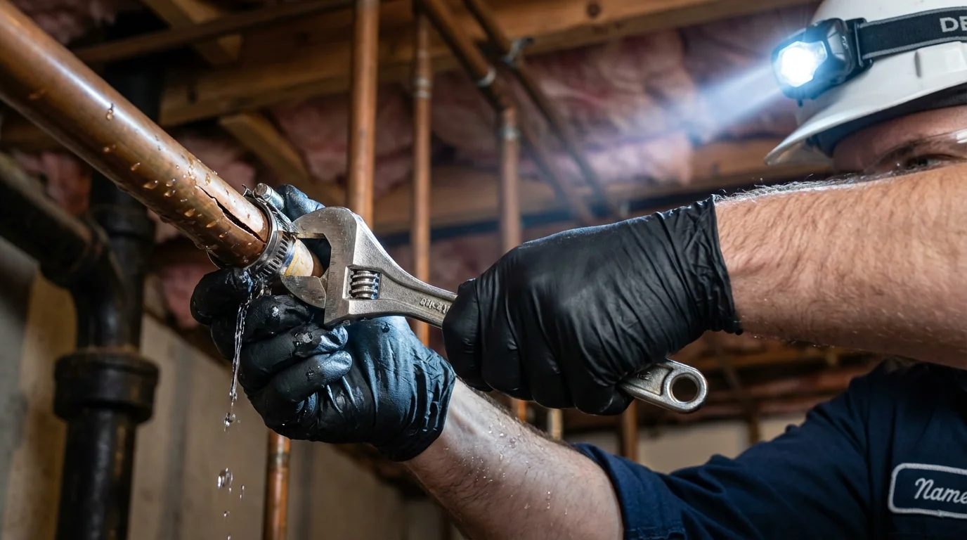 Emergency pipe clamp repair being performed by a Johns Plumbing LLC plumber in Fletcher