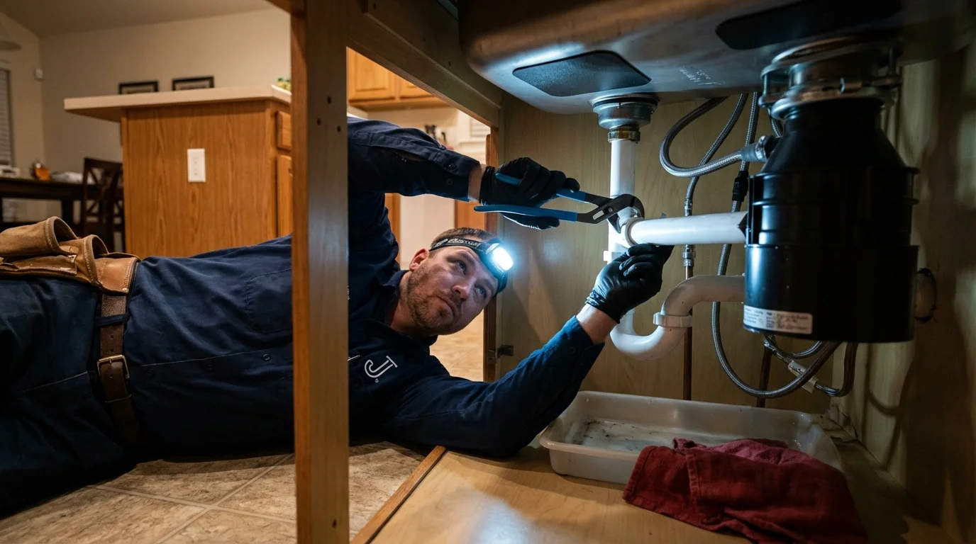 P-trap and supply line connections under a kitchen sink showing a common leak point in Fletcher, OK